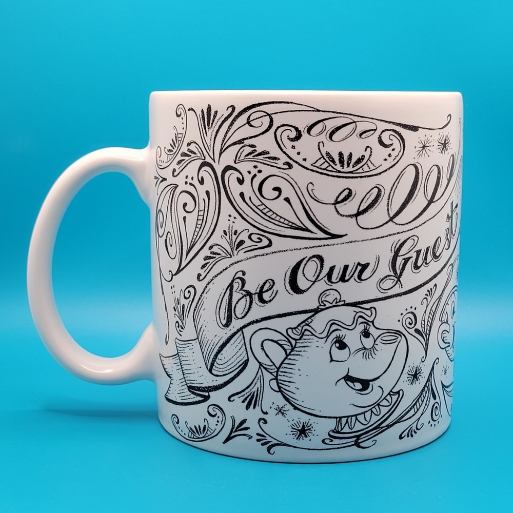Disney Parks Beauty and the Beast Be Our Guest mug 18 oz chalkboard style white